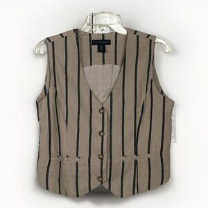 Tahari Vest Womens Size M Linen Striped Beige Black Preppy Academia Menswear
